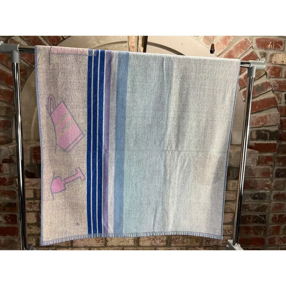 beach towel sandcastle pink blue orange 1980s